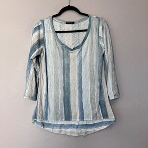 David Cline Large Top Blue Teal 3/4 Sleeve Striped Slub Knit Scoop Neck Dusk